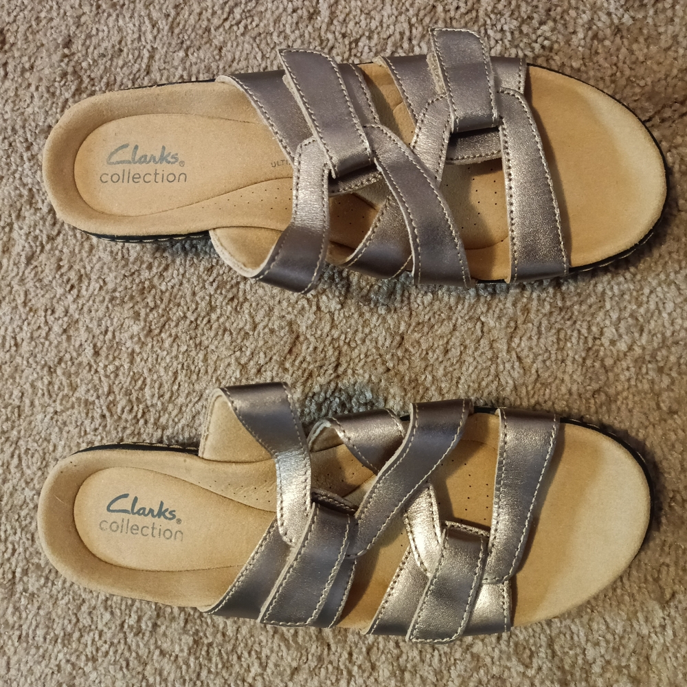 Clarks Metallic Silver Strappy Slide Sandals